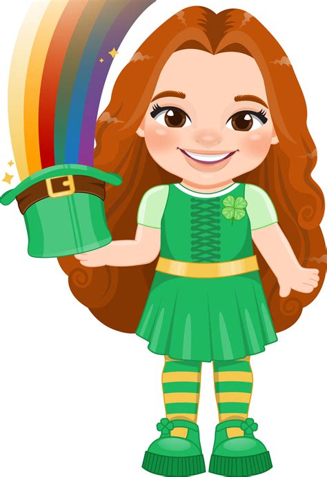 St Patrick S Day With Red Long Hair Girl In Irish Costumes Holding Rainbow Leprechaun Hat