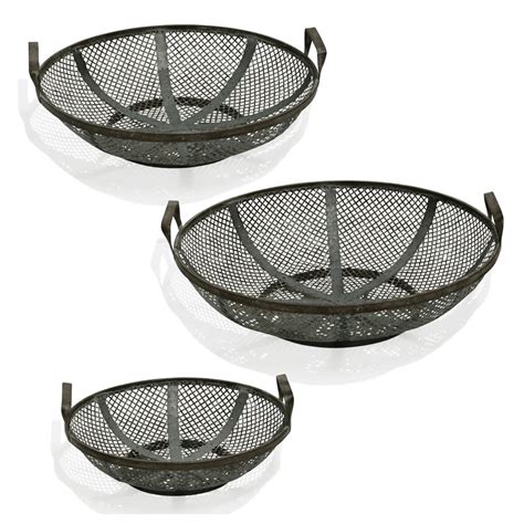 Mesh Black Steel Metal Baskets With Handles Set Of 3
