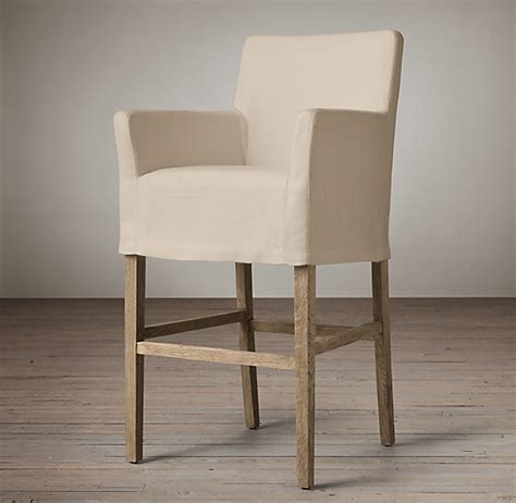Fabric is belgian linen in natural colour, with brushed grey oak legs and trim. Parsons Slipcovered Short Skirt Stool
