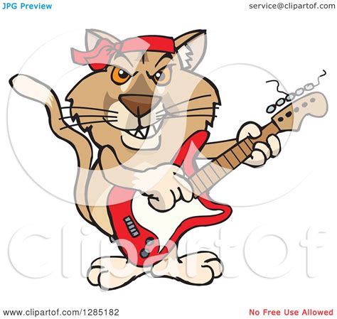 Clipart Of A Cartoon Happy Puma Cougar Playing An Electric