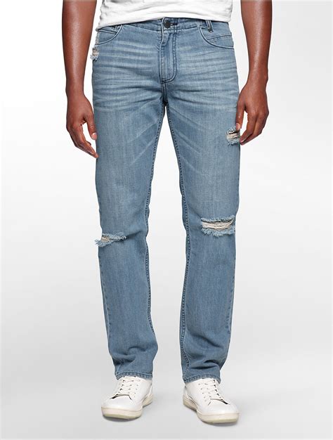 Calvin Klein Jeans Slim Straight Leg Destroyed Slate Blue Wash Jeans In Blue For Men Lyst
