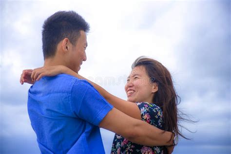 Beautiful Chinese Asian Couple With Woman Hug Her Boyfriend Romantic
