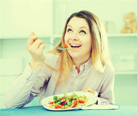 Woman Eating Salad Stock Photo Image Of Home Enjoyment 93749994