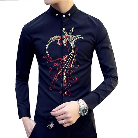 Embroidered shirt men slim suitable pure color shirts fashion casual ...