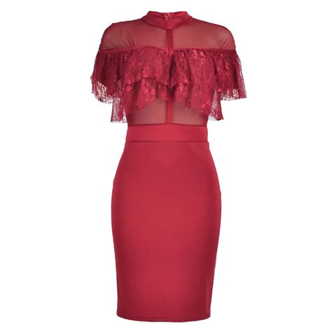 Short Sleeve Bodycon Elegant Party Dresses Red Black Mesh Lace Women See Through Robe Sexy Club