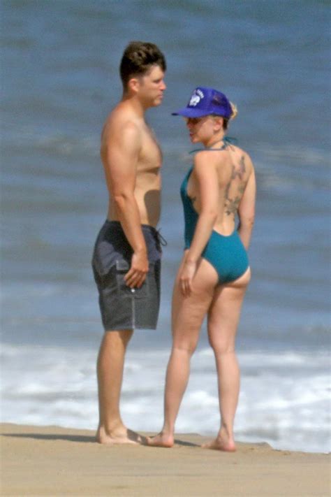 Scarlett Johansson Wears An Aqua Swimsuit While On A Romantic Beach Stroll With Colin Jost In