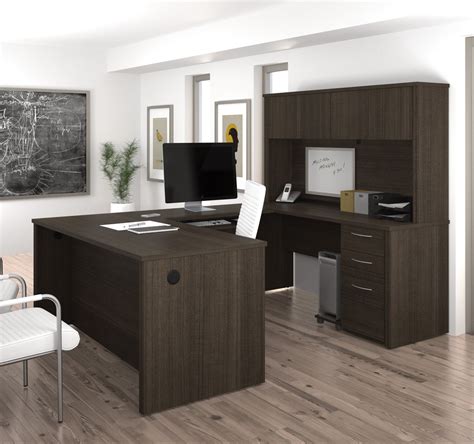 Modern U Shaped Premium Office Desk With Hutch In Dark Chocolate