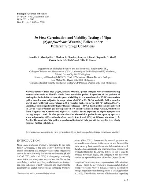 Pdf In Vitro Germination And Viability Testing Of Nipa Nypa