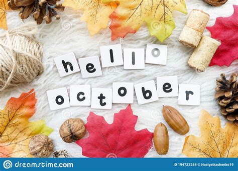 Hello October Greeting Card Autumn Background With Dry Fall Leaves