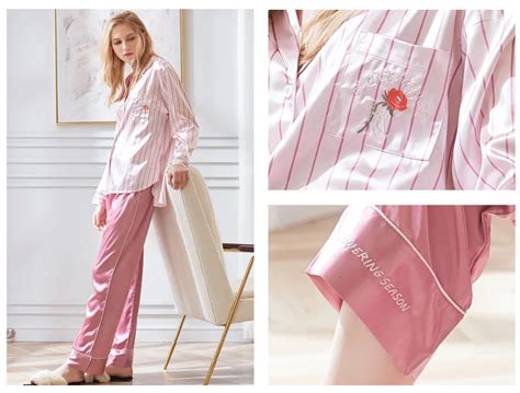 Xifenni Pajamas Sexy Faux Silk Sleepwear Female Fashion Striped Satin Silk Long Sleeved Two