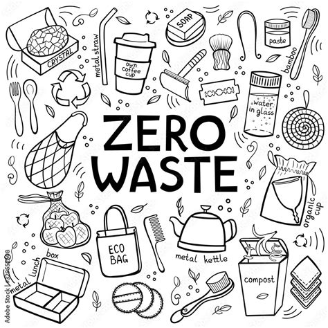 Black And White Set Of Elements Of Zero Waste Life Hand Draw Lettering