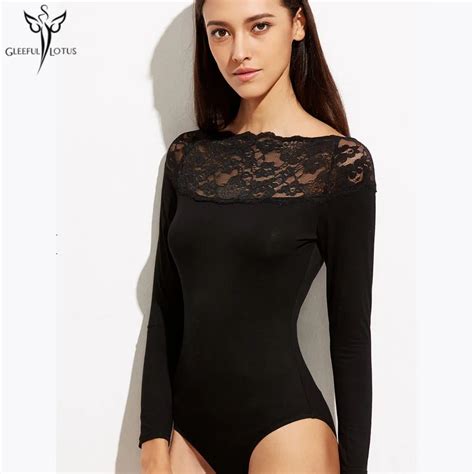 Women Sexy Bodysuits Black Jumpsuits Lace Playsuit Long Sleeve Black Overalls Skinny Rompers