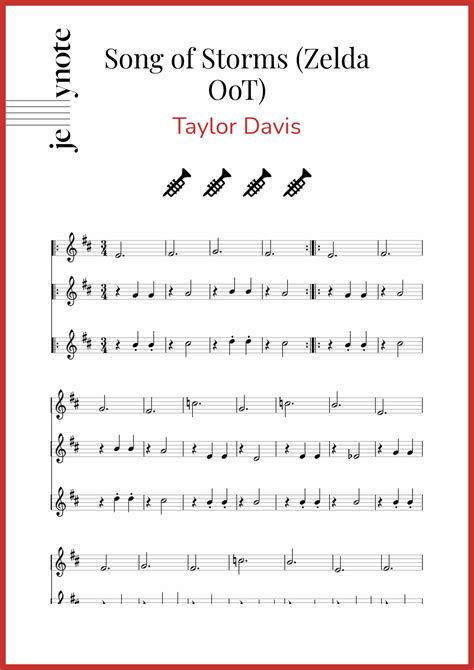 The recommended time to play this music sheet is 01:13, as verified by virtual piano legend, mark chaimbers. Taylor Davis "Song of Storms (Zelda OoT)" Trumpet sheet music | Jellynote