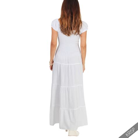 Womens Ladies Sexy On Off Shoulder Boho Hippie Shirred Maxi Sun Dress Long Gown Ebay