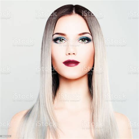 Stylish Woman Fashion Model With Makeup And Gradient Coloring Hairstyle