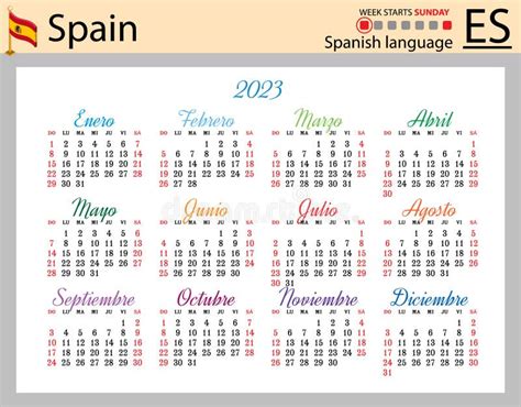 Spanish Horizontal Pocket Calendar For 2023 Week Starts Sunday Stock