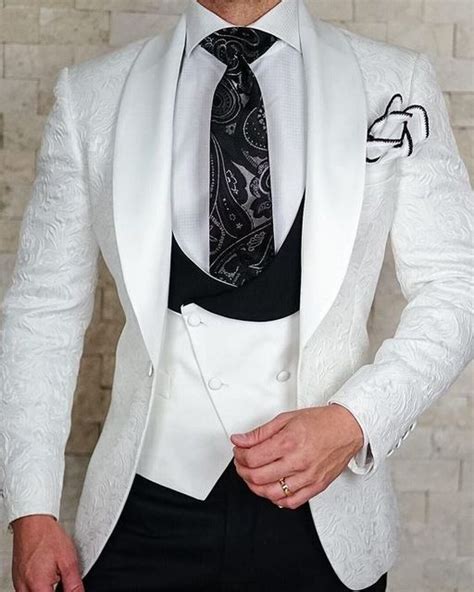 Custom Made Men Suits White Pattern With Black Groom Tuxedos Shawl