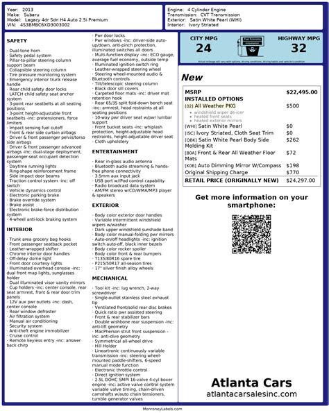 Window Sticker for 2013 Subaru Legacy 4dr Sdn H4 Auto 2.5i Premium