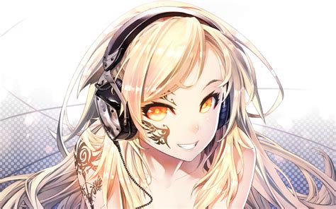 Anime Anime Girls Blonde Headphones Long Hair Yellow Eyes Tattoo