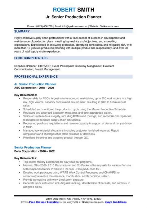 All fully editable, directly downloadable. Senior Production Planner Resume Samples | QwikResume