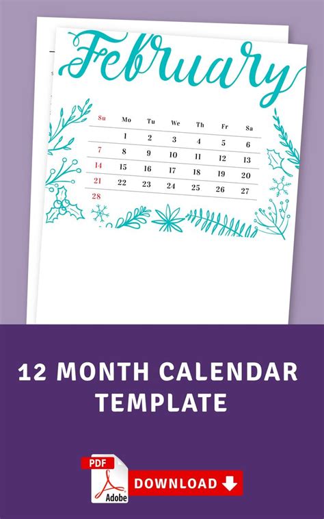 12 Month Calendar Template Calendar Template Monthly Calendar Month