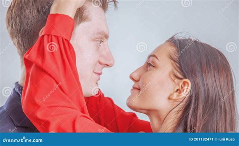 Romantic Couple Close Up Portrait Of Attractive Brunette Girl And Guy Concept Of Tenderness