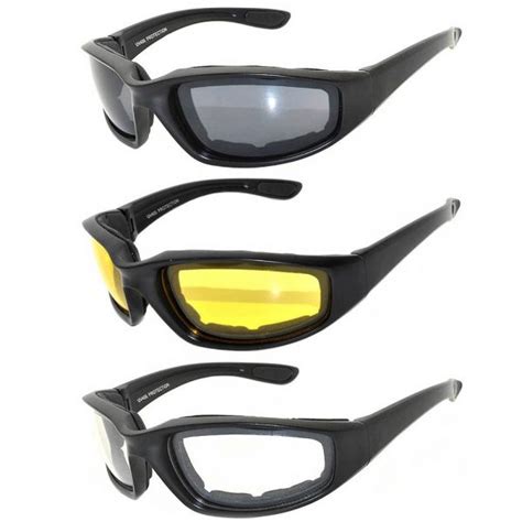 Owl ® Eyewear Motorcycle Black Frame Padded Glasses Yellow Clear Smoke Lens Three Pairs