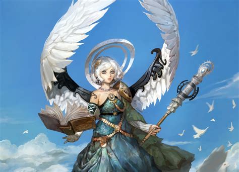 Book Short Hair White Hair Wings Staff Fantasy Angel Hd Wallpaper