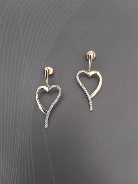 gold heart dangle drop earrings white zircons 100 925 etsy