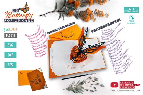 3d Butterfly Pop Up Card Svg Kit With Sentiments And Matching Envelope