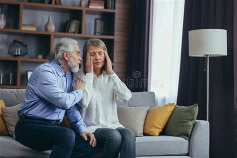 Senior Mature Man Helping Her Woman With Headache Stress Pain Old