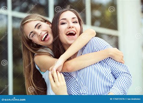 Two Young Happy Girlfriends Stock Photo Image Of Friends Happy