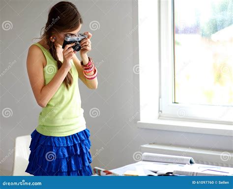 Portrait Of A Young Beautiful Photographer Woman Stock Photo Image Of
