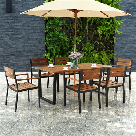 Costway 7pcs Patented Patio Dining Chair Table Set Acacia Wood Backyard