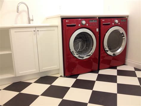 Measure carefully before purchasing a washer and dryer. Red Washer & Dryer, White & Black Floor Tile, White ...