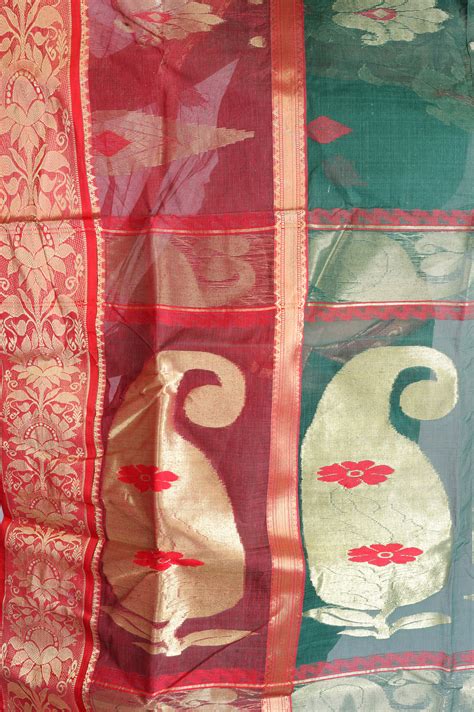 Green And Red Tant Bengali Sari With Woven Paisleys In Golden Thread