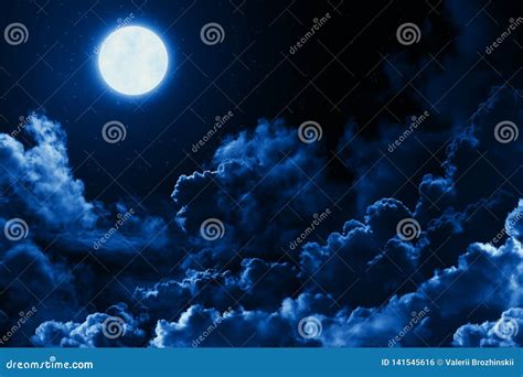 Mystical Bright Full Moon In The Midnight Sky Stars Surrounded By