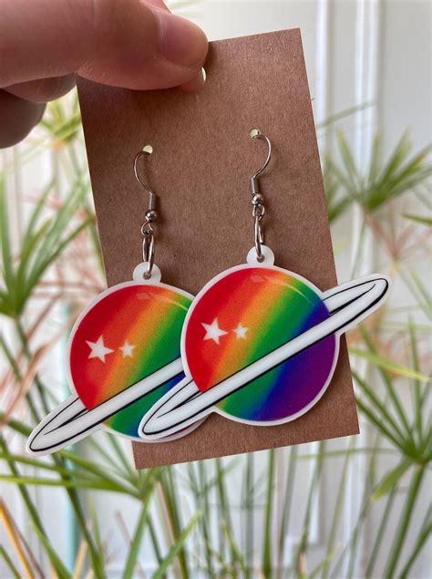 rainbow pride saturn glow in the dark earrings lesbian earrings punk earrings big earrings