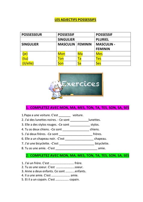 Les Adjectifs Possessifs Online Exercise For A Online Exercise Online Workouts French