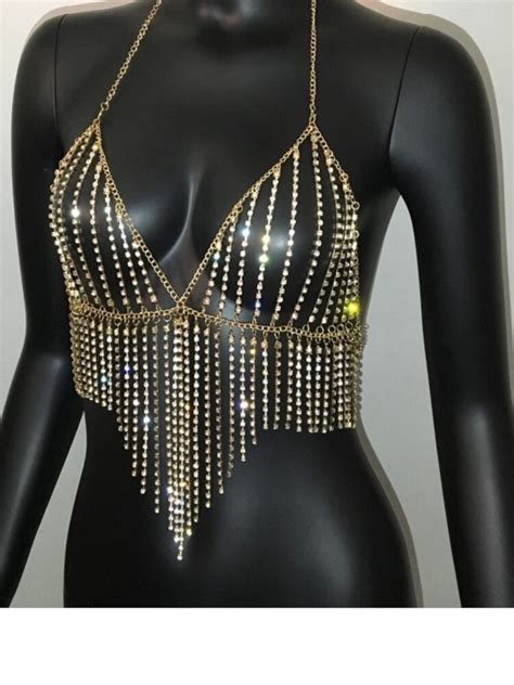 festivalqueen bling tassel rhinestone crop tops women summer sexy gold diamond body metal chain