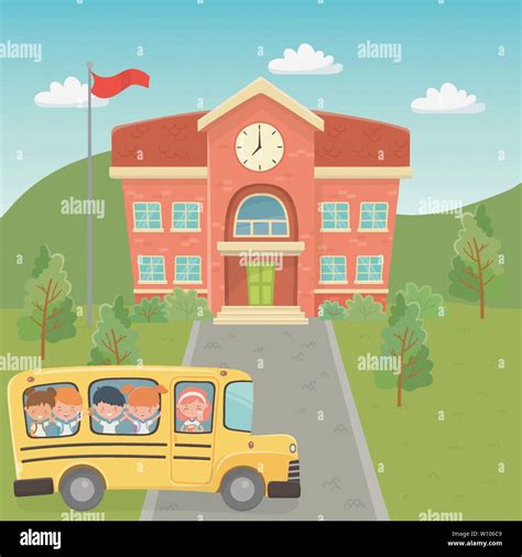 School Building And Bus With Kids In The Landscape Scene Vector