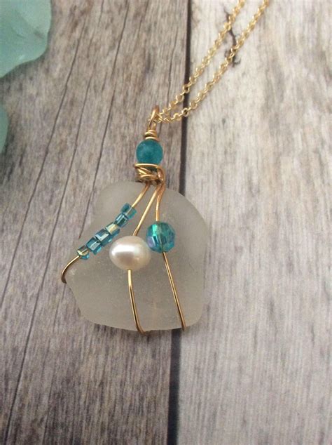 Beautiful White Sea Glass With Beads And Pearl Necklace Wire Work Jewelry Beachglass Jewelry