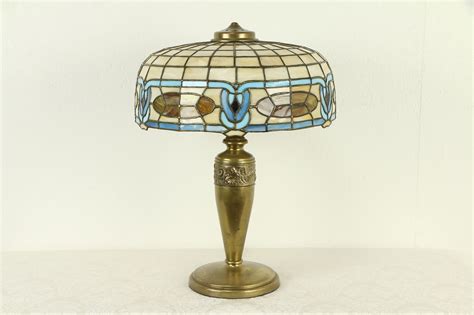 Leaded Stained Glass Shade Antique Lamp Brass Base