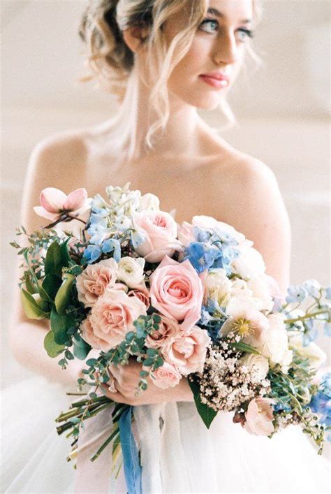 Amazon for ribbon and foam flowers, ebay for brooches. Pink + blue wedding #bouquet with roses, peonies, and ...