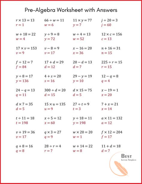Algebra is a branch of math in which letters and symbols are used to represent numbers and quantities in formulas and equations. Printable Pre Basic Algebra Worksheets PDF
