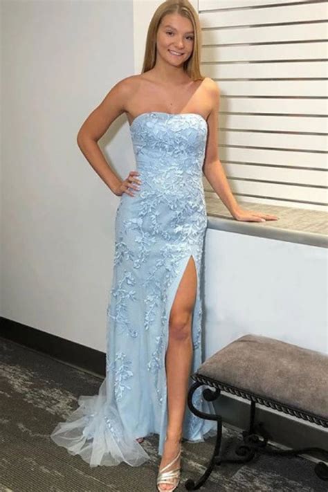 Light Sky Blue Mermaid Strapless Split Promformal Dress With Lace App