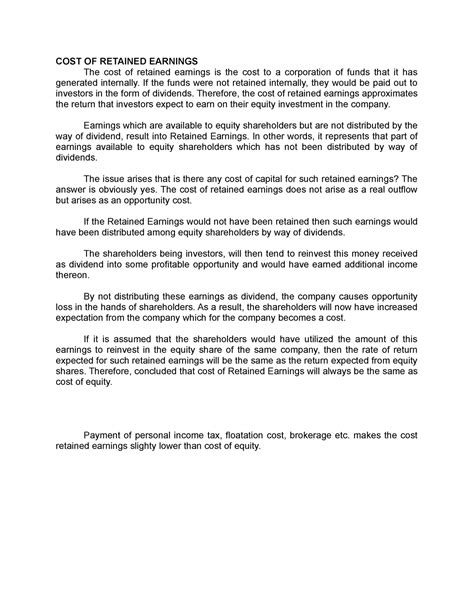 COST OF Retained Earnings - COST OF RETAINED EARNINGS The cost of