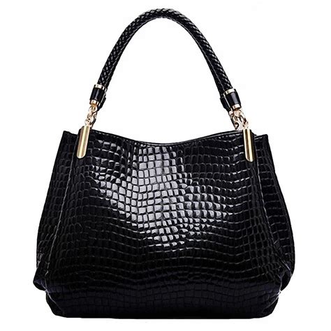 Women Crocodile Pattern Handbag Pu Leather Large Shoulder Bag Black