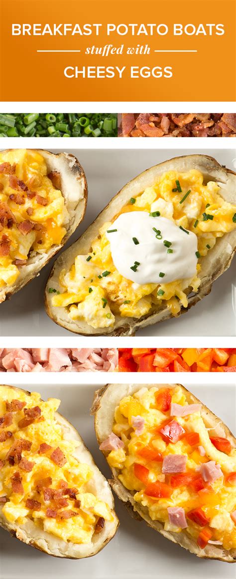 Four Different Types Of Baked Potato Boats With Cheese And Bacon On