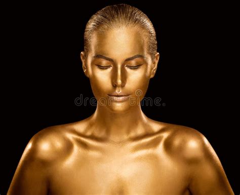 Woman Golden Skin Fashion Model Painted Gold Body Art Bronze Beauty